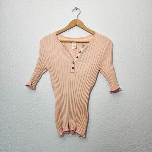 SUNDANCE Pink Yellow Striped Stretchy Rib Knit Living Legend Henley Slim Top